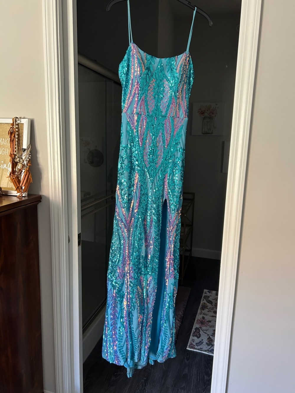 Blondie Nites Turquoise and Iridescent Sequin Spaghetti Strap Prom Dress-Size5